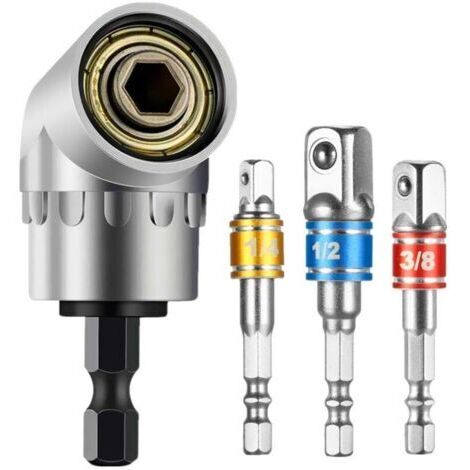 Schwenkbare Akku-Schrauber-Adapter mit 105 mm Durchmesser (1/4 Zoll) inklusive 3 Adapter für Stecknüsse (1/4", 3/8", 1/2") – Winkel- und Nussadapter für kabellose Bohrschrauber