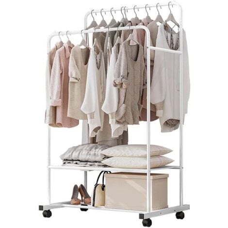 Schwerlast Metall Kleiderständer auf Rädern, Garderobenständer mit 2 Kleiderstangen und 2 Ablage, 80.5x51x155cm, weiß