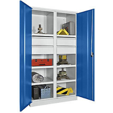 Schwerlastschrank, Vollblechtüren, mit Trennwand, 6 beschichtete Böden, 4 Schubl. 175 mm, BxTxH 1040x630x1950 mm, RAL 7035/5010