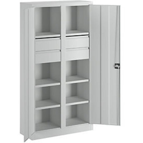 Schwerlastschrank, Vollblechtüren, mit Trennwand, 6 beschichtete Böden, 4 Schubl. 175 mm, BxTxH 1040x630x1950 mm, RAL 7035
