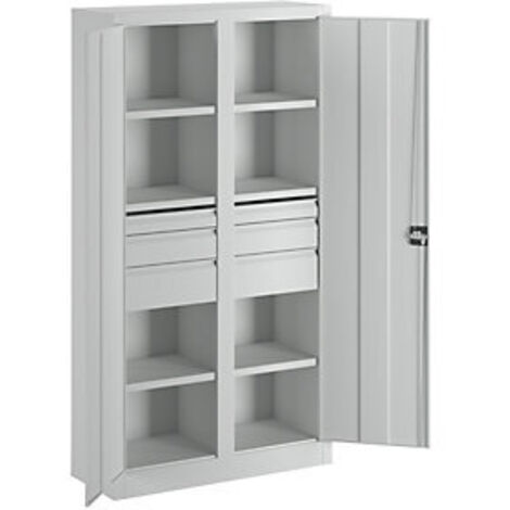 Schwerlastschrank, Vollblechtüren, mit Trennwand, 6 beschichtete Böden, Schubl.: 2x75, 2x125, 2x175 mm, BxTxH 1040x630x1950 mm, RAL 7035