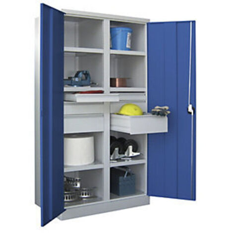 Schwerlastschrank, Vollblechtüren, mit Trennwand, 6 beschichtete Böden, Schubl.: 2x75,2x125, 2x175 mm, BxTxH 1040x630x1950 mm, RAL 7035/5010
