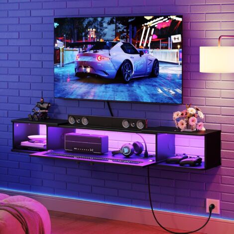 Schwimmender TV-Ständer 140 cm mit 3 Steckdosen und 2 USB-Anschlüssen an der Wand Entertainment-Konsole mit LED-Streifenwand mit Ladestation für Fernseher bis 65 Zoll schwarz EBK34CDDS01
