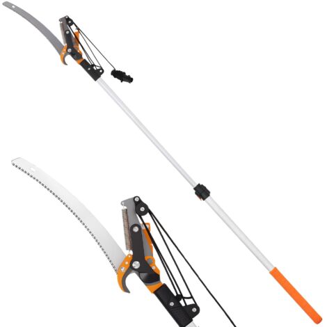 Scie à branches avec sécateur intégré et manche télescopique (135/172/199 cm), adaptée aux branches hautes, orange.