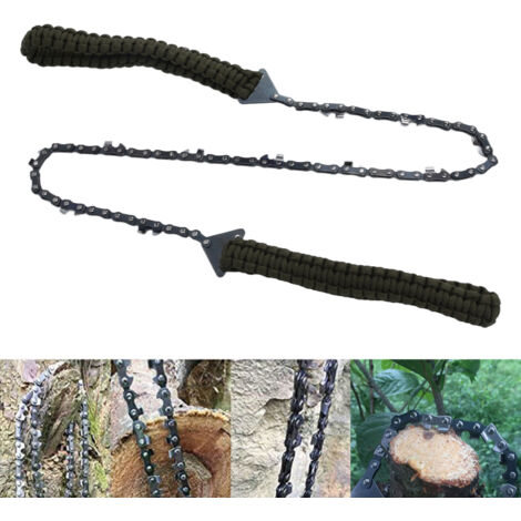 Scie à Chaîne de Camping Extérieur 24 Pouces avec Poignée en Corde Paracorde Vert Militaire Portable pour Jardinage et Élagage-KZQ