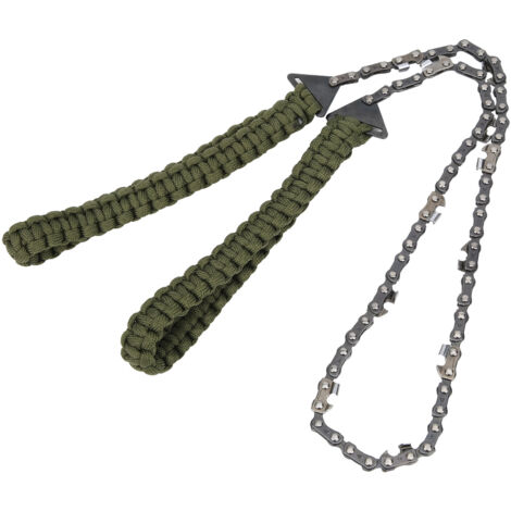 Scie à chaîne de poche 11 dents en acier inoxydable, outil de survie avec corde parachute pour camping et randonnée - Vert militaire