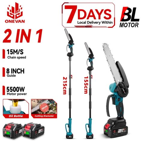 Scie à chaîne électrique sans fil 8 pouces 2 en 1, outil de taille d'arbres et de branches hautes pour batterie Makita 18V, avec 2 batteries