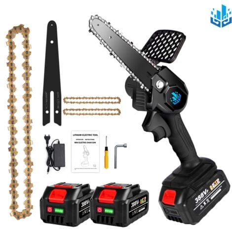 Tronçonneuse à batterie Scie à chaîne électroportative 1200W ONEVAN - Mini tronçonneuse électrique - sans fil 6 pouces pour Makita 18V - Bleu avec 2*batteries, 2*chaînes or et 1*guide - Vitesse réglable pour la coupe du bois