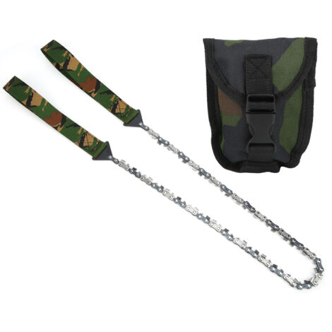 Scie à chaîne manuelle portable mini pour camping et survie, 33T, camouflage, idéale pour le bûcheronnage et les activités extérieures.