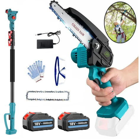 PEDONY Scie à chaîne sans fil de 6 pouces, tronçonneuse électrique extensible 2 en 1, taille-arbre avec 2 chaînes, batterie 2x5,5 A et chargeur, compatible avec la batterie Makita