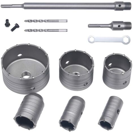 Scie à Cloche Trépan, Set de Scies Cloches, 10 PCS Trépan Béton SDS Tige d'Extension Pointe en Carbure de Tungstène- Ø35mm, 40mm, 50mm, 65mm, 80mm et 110mm, Haute Qualité