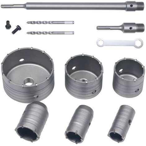 Scie à Cloche Trépan, Set de Scies Cloches, 10 PCS Trépan Béton SDS Tige d'Extension Pointe en Carbure de Tungstène- Ø35mm, 40mm, 50mm, 65mm, 80mm et 110mm, Haute Qualitédengyank