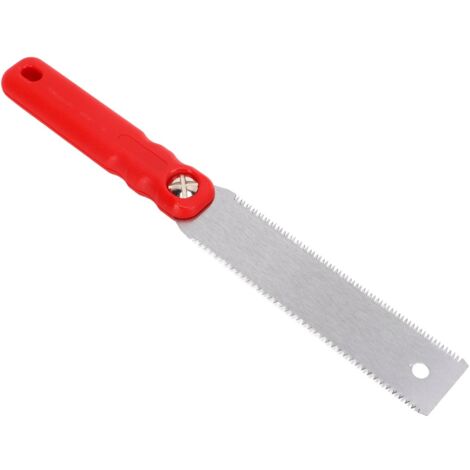 Scie à onglet japonaise double face avec manche ergonomique pour coupes précises sur bois et plaques.