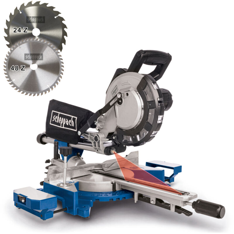 Scheppach - Scie à Onglet HM216 - 2000W - Lame ø 216mm - Grande largeur de coupe 340mm - Laser - 2 lames, butées d'angle & rallonges latérales