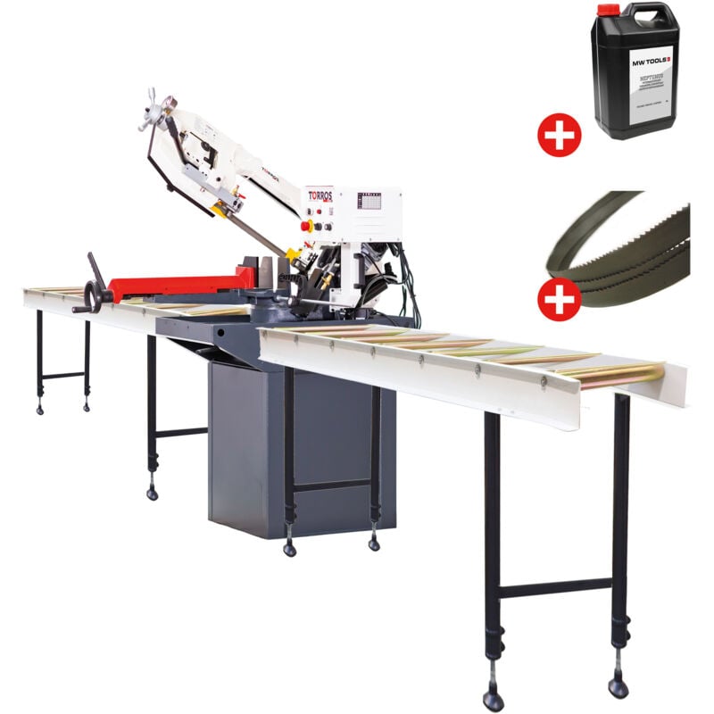 Torros - Scie à ruban pour métaux 0-60° capacité 225 mm 1,11 kW 230V 2 vit. avec 2 convoyeurs de 2M 5 lames de scie 5L d'huile de refroidissement