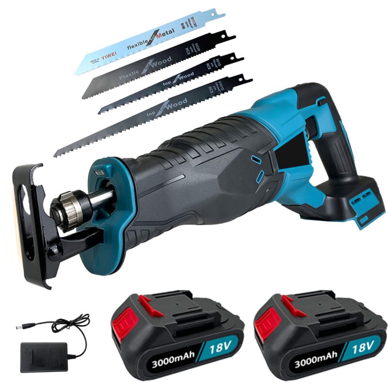 Scie alternative sans fil robuste 18 v, scie à main sans fil, coupe-bois et métal électrique, avec lampe de travail led, 4 lames, 2 batteries 3,0 a