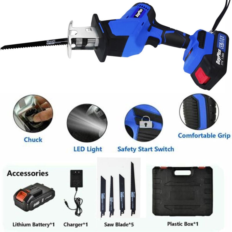 Scie alternative sans fil 21v, scie électrique sans fil avec 1 batterie de 1,5 ah pour coupe d'arbre de tuyau en pvc de bois métallique, 4 lames