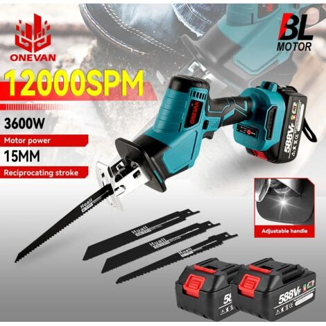 Scie alternative sans fil 3600w 12000spm, tronçonneuse sans fil, outils de coupe du bois avec lame de scie pour broche de batterie 18V(Avec 2 batteries + 1 prise EU)