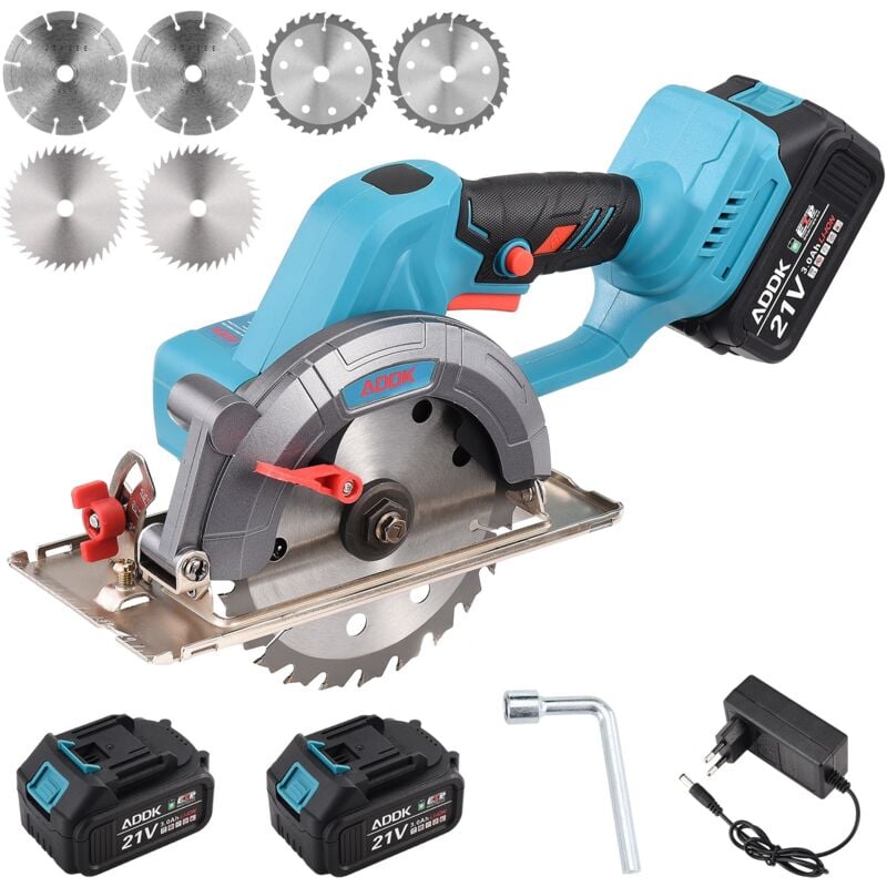 Scie circulaire 21 V à 6 lames, avec batterie 3,0 Ah, mini scie circulaire sans balais, adaptée à la coupe du bois (avec 2 batteries)