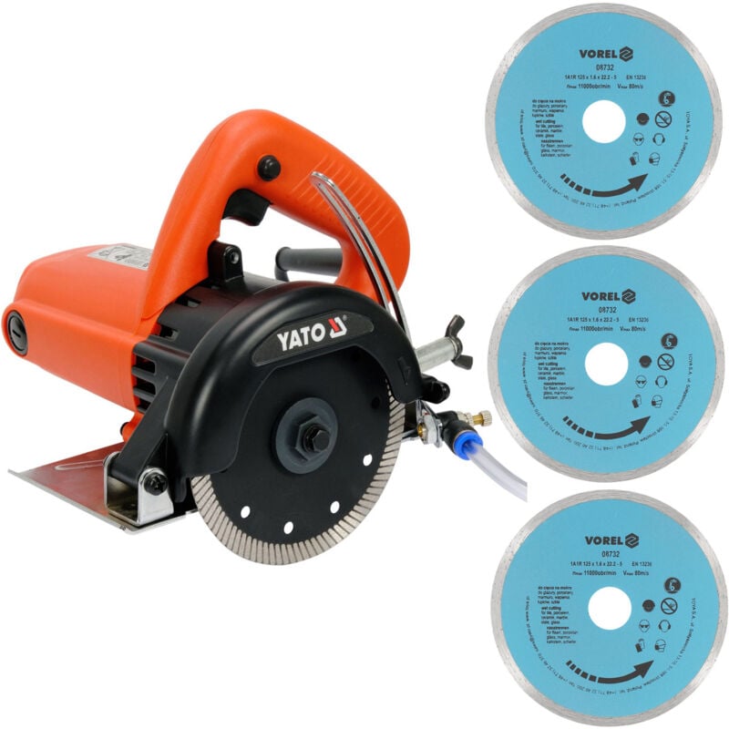 Scie circulaire a eau et sec 125 mm coupe carrelage ceramique 1400 w + 3 disques