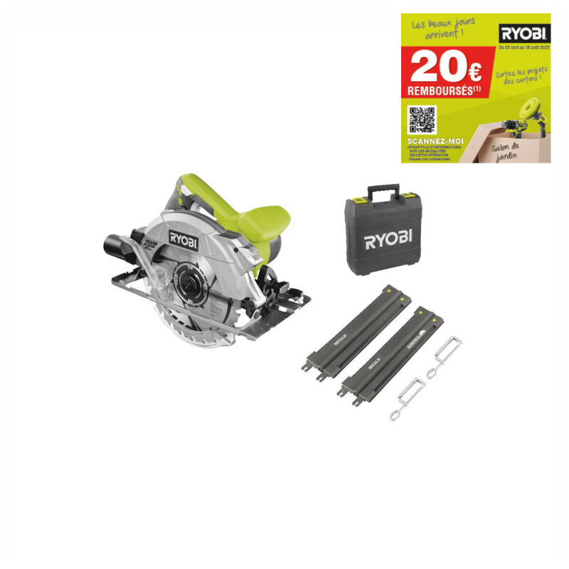 Scie circulaire Ryobi 1600W 66mm - 2 guides de coupe 84 cm - RCS1600-KSR