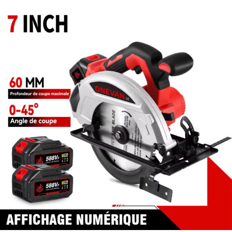 Scie Circulaire Sans Balais 7 Pouces 185mm Affichage Numérique Compatible Makita 18V avec 2 Batteries