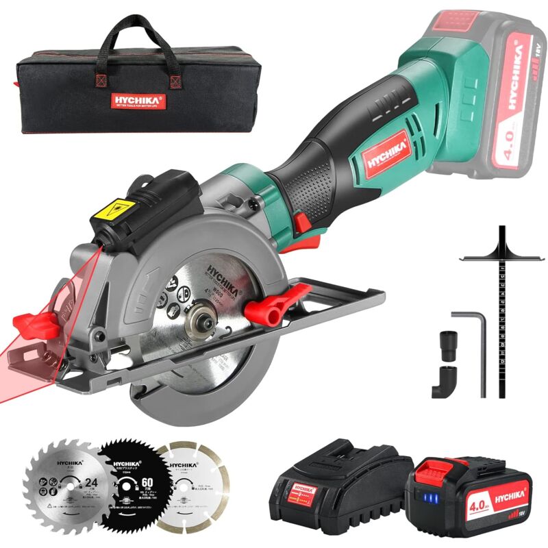 Scie Circulaire Sans Fil 18V, 4.0Ah Li-ion Batterie 3500RPM Petite Scie Circulaire, 3 Lames(115 et 125mm), Guide Laser, Max Profondeur de Coupe