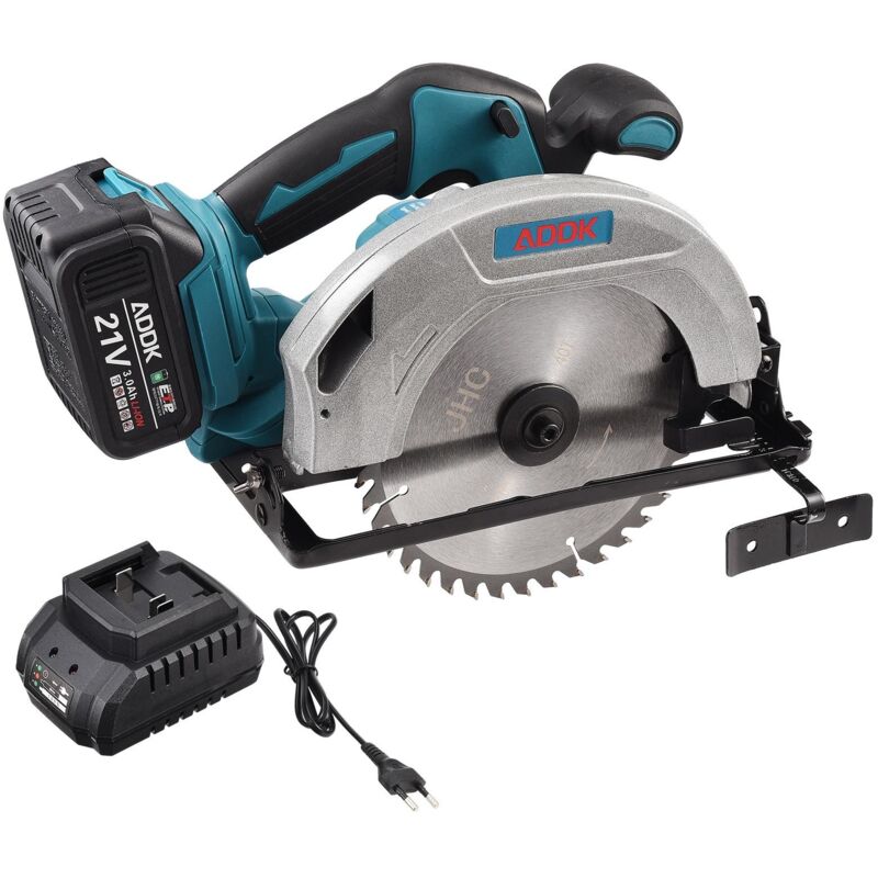 Scie circulaire sans fil 20V, scie circulaire sans balais avec batterie 3000mAh et lames de scie, angle de coupe maximal 45° et profondeur maximale