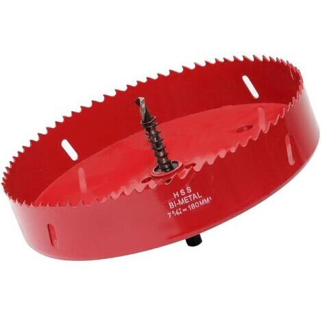 Scie cloche -180 mm - Acier rapide HSS M42 bi-métal - Scie-cloche avec tige hexagonale et foret pour bois, construction sèche et tôle métallique - 1 pièce - Rouge