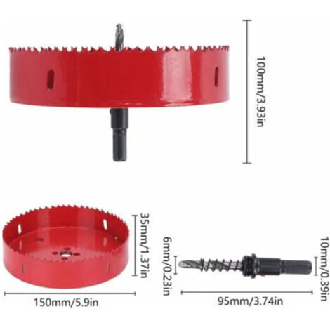 Scie cloche bimétallique de 150 mm avec adaptateur hexagonal, adaptée au bois, au PVC, au métal, au plastique et aux tuyaux.