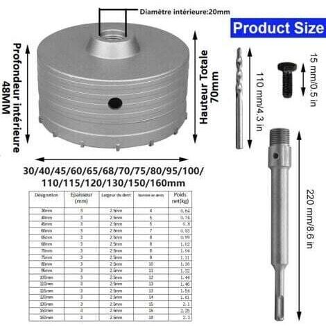 Scie cloche de 100 mm – Queue SDS Plus de 220 mm – Convient pour le béton, le ciment, la brique et la pierre – Fabriquée en alliage tungstène-cobalt pour une précision de perçage élevée.