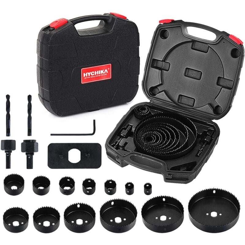 Hychika - Scie Cloche Coffret de Scie Trépan 19 pcs avec Mandrins, Plaque d'installation et Clé Hexagonale, Lame de Scie 19-152 mm