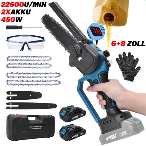Scie électrique à chaîne sans fil de 6 et 8 pouces, mini tronçonneuse électrique portable à une main, incluant 2 batteries, 21V, 22500 tr/min, 450W, pour l'élagage de jardin.