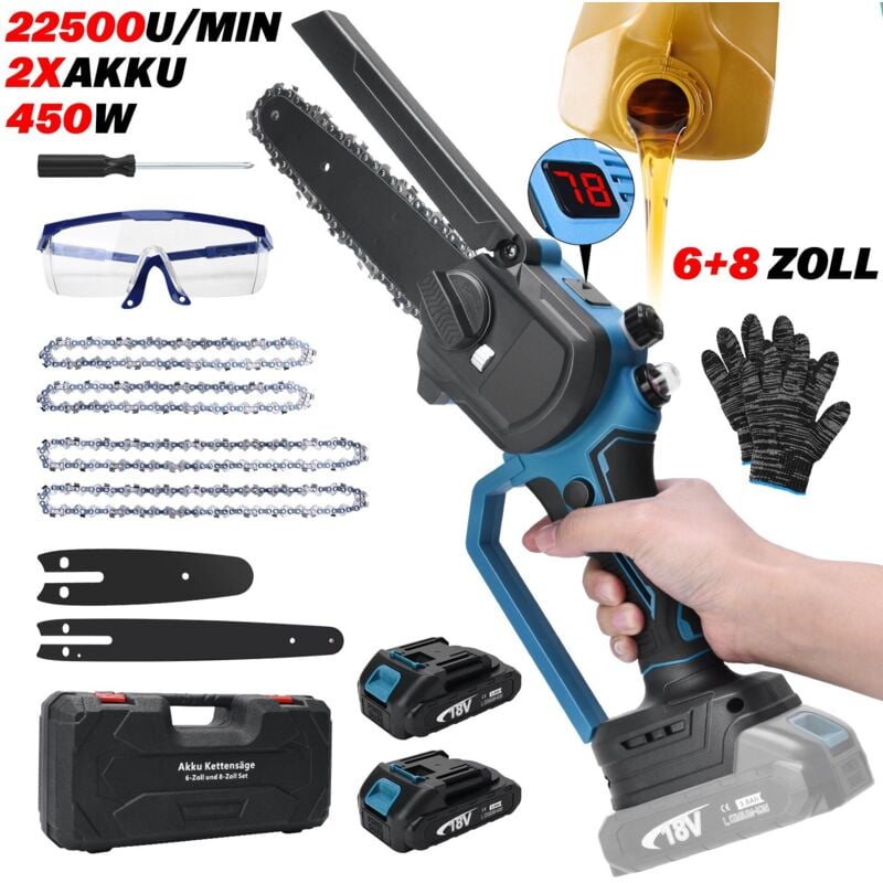 Xiiw - Scie électrique à chaîne sans fil de 6 et 8 pouces, mini tronçonneuse électrique portable à une main, incluant 2 batteries, 21V, 22500 tr/min,