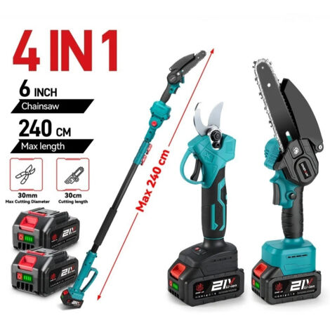 Scie et cisailles électriques Brushless 4 en 1, 6 pouces, pour l'élagage des hautes branches, avec perche télescopique, outil électrique compatible avec la batterie Makita, Avec 2 batteries