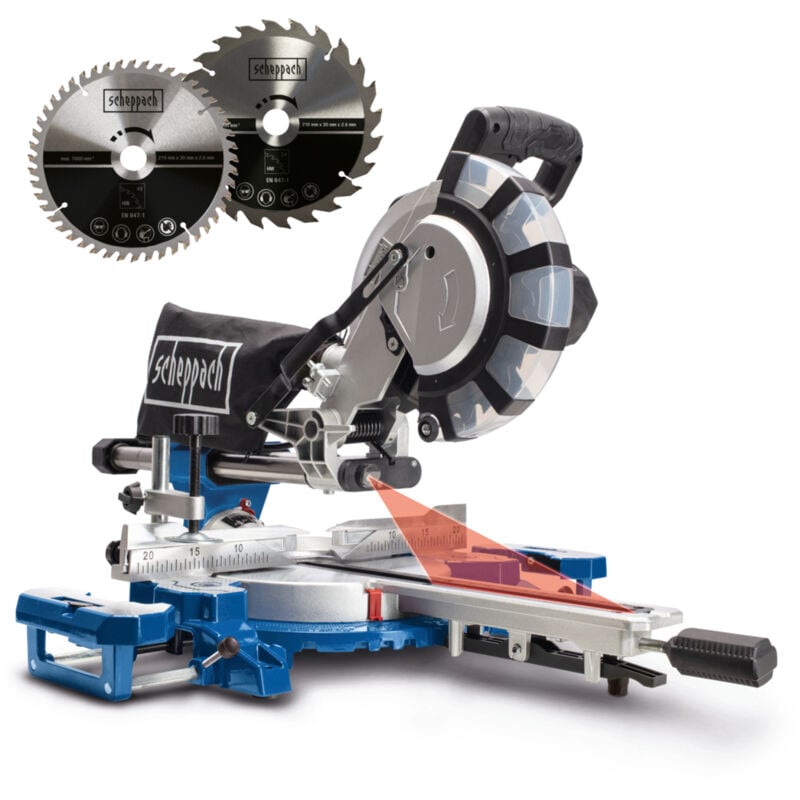 Scheppach - Scie à onglet radiale HM216SPX - 2000 w - ø 210 mm - 4800 tr/min - 65 cm hauteur de coupe - 34 cm largeur de coupe - Avec laser, supports