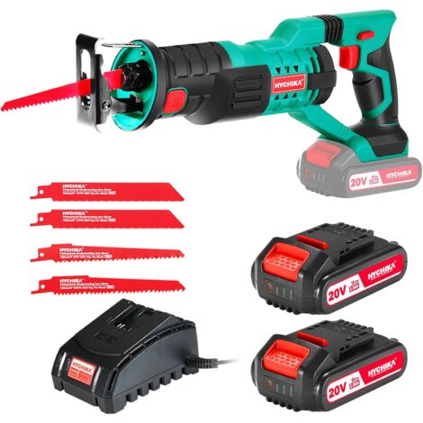 Scie Sabre à Batterie, HYCHIKA 18V Scie Egoîne Electrique sans Fil, Vitesses Réglables 0-2800RPM, 4×Lames de Scie, Avec 2Ah, 2×Batteries, 1h Chargeur Rapide, idéal pour la Coupe du Bois et du Métal