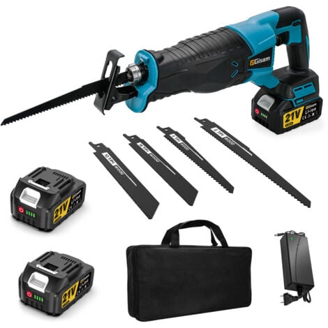 GISAM Scie Sabre sans fil 21V，4000 SPM Moteur sans balais amélioré avce 2 x 4.0Ah Batterie longue durée en veille,4 lames en acier allié multi-usages pour Outil de Coupe de Métal/Bois/PVC