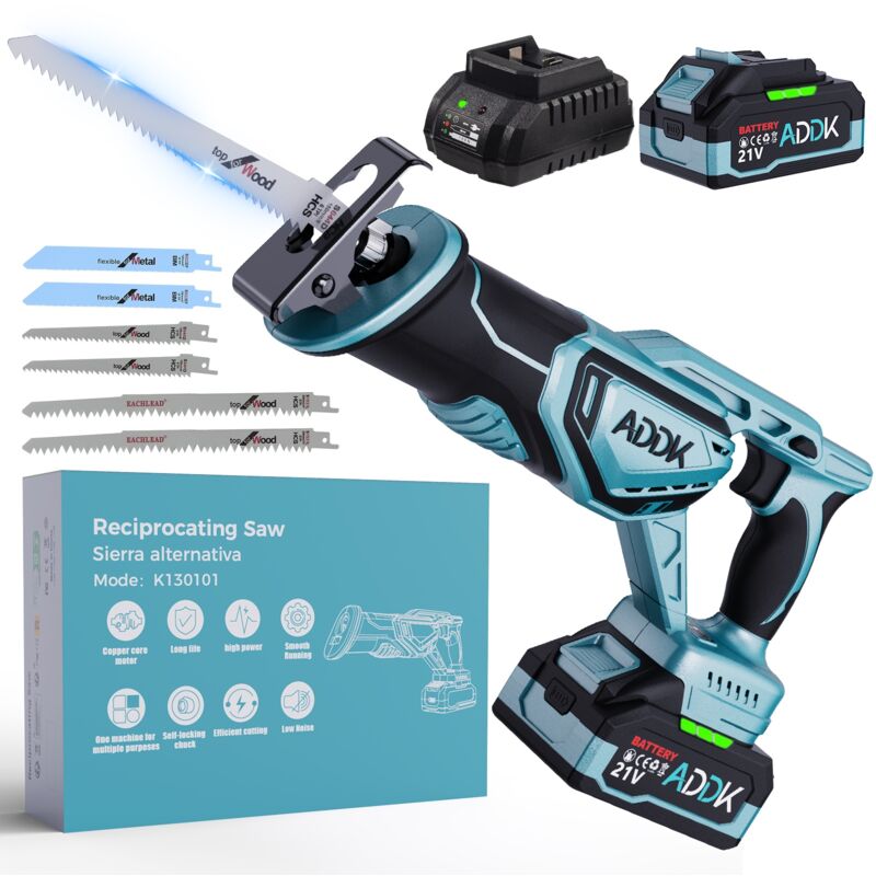 Scie Sabre sans fil , avec 21V batterie de 4000 mAh, 6 lames de scie, Scie Egoîne Electrique sans Fil, chargeur - Bleu