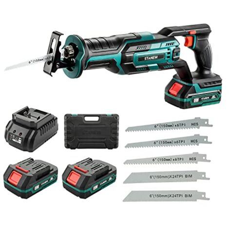 Scie Sabre Sans Fil, STANEW 18V Scie Sabre avec 2,0Ah Batterie, Scie Electrique Vitesses Réglables 0-3000 SPM, Changement De Lame Sans Outil