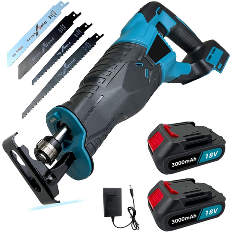 Batteries Scie alternative sans fil robuste pour métal, bois, coupe-tube avec 4 lames, lampe de travail LED, + 2 piles 3000 mAH + chargeur,