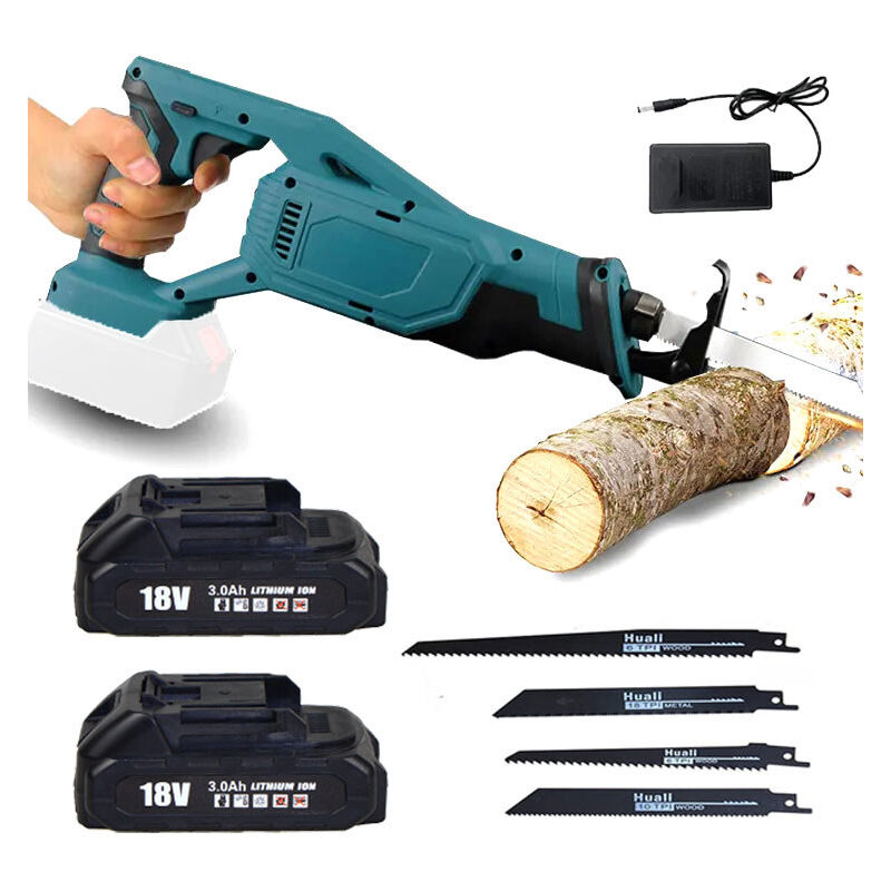 Scie sabre,Scie à sabre sans fil, scie alternative, lames 4x, pour le plastique en bois et le métal, 2x batterie de 3,0Ah et chargeur , compatible