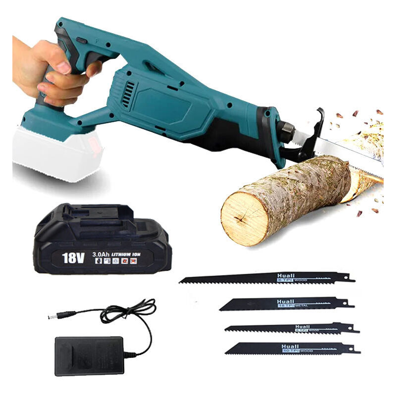 Scie sabre,Scie à sabre sans fil, scie alternative, lames 4x, pour le plastique en bois et le métal, batterie de 3,0Ah et chargeur , compatible avec