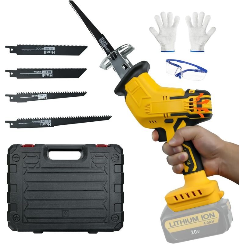 Scie sans fil réciproque pour batterie 20V, Changement de lame sans outil avec 4 lames de scie, Vitesse variable 0-3000 SPM pour la coupe en bois /
