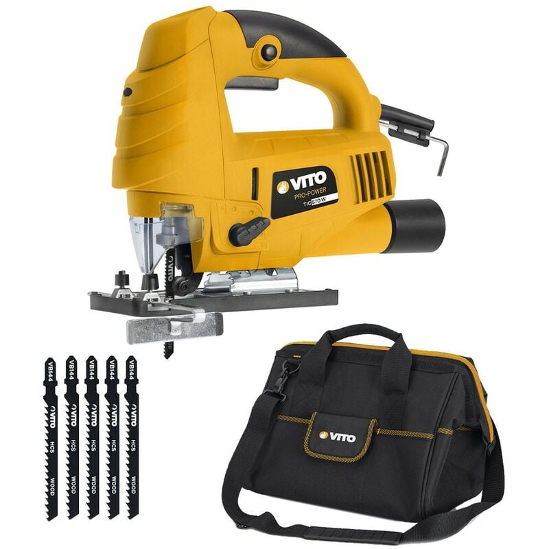 Scie sauteuse 570W + 5 lames bois + Sacoche à outils Vito