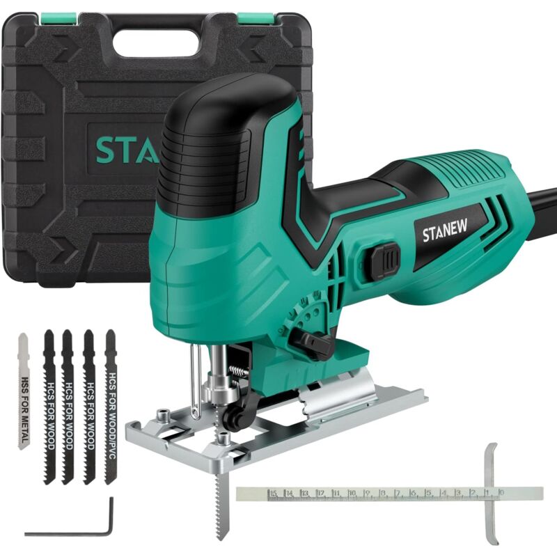 Scie Sauteuse Filaire 650W avec 5 Lames Stanew 6 Vitesses Réglables, 4 Modes de Coupe,Coupe biaises± 45°,Changement de lame sans outils