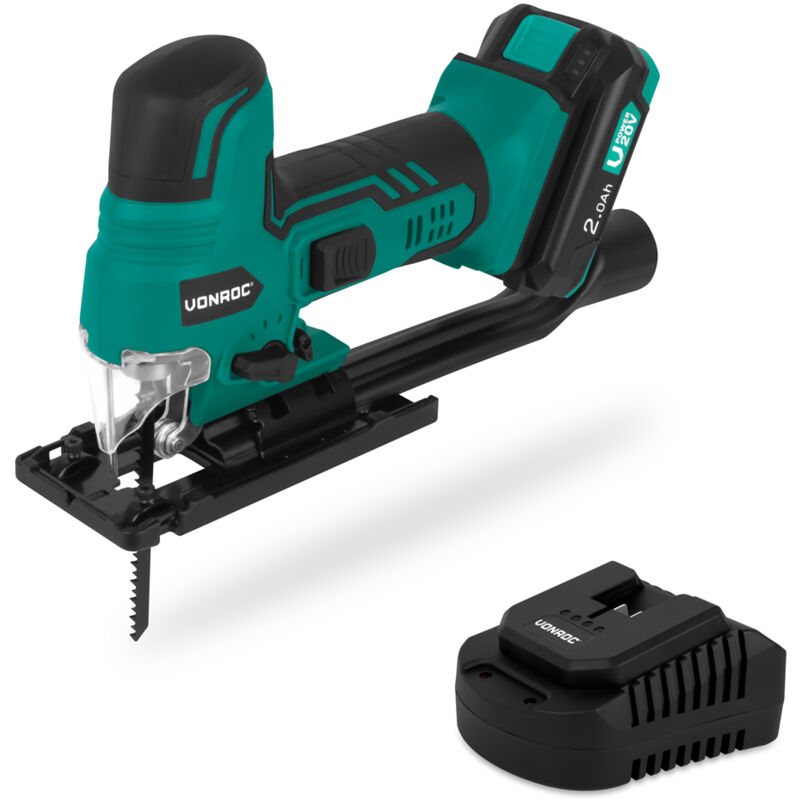 Scie sauteuse VPower 20V – Poignée canon ergonomique – Vitesse et angle ajustable – 2 lames de scie –Batterie 2.0Ah et chargeur inclus - Vonroc