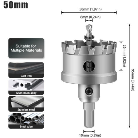 Scie trépan en carbure de tungstène 50mm, pour acier inoxydable et métal, outil de perçage et d'agrandissement
