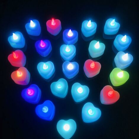 Scintillement coloré en forme de coeur fausse lumière de bougie rougeoyante sans flamme LED bougies chauffe-plat lampe à piles confession de mariage décoration de vacances (coloré 24 pièces)