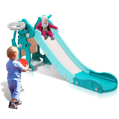 Scivolo 4 in 1 per bambini Area giochi da giardino pieghevole con canestro da basket Anello di lancio Studenti di lingua inglese verde